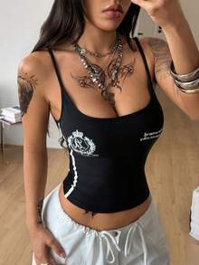 Coolane Women's Y2K Streetwear Number Pattern Contrast Piping Halter Top - Black - View 3