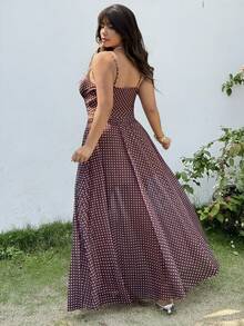 GalTyme Plus Size Women Polka Dot Print Cropped Camisole And Mini Skirt 2 Pieces Set,Burgundy,Summer,Boho,Tea Party,Wedding,Holiday,Elegant Beach Y2k - Brown - View 2