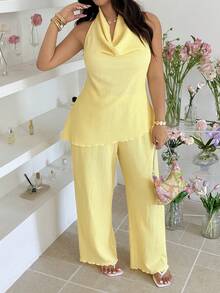 GalTyme 大码夏季休闲纯色露背吊带上衣和裤子两件套 - 鵝黃色 - 查看 7