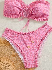 SHEIN Swim 女士夏季新款性感简约印花系带露背比基尼套装，适合海滩度假 - 彩色 - 查看 4