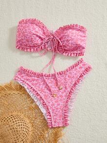 SHEIN Swim 女士夏季新款性感简约印花系带露背比基尼套装，适合海滩度假 - 彩色 - 查看 5
