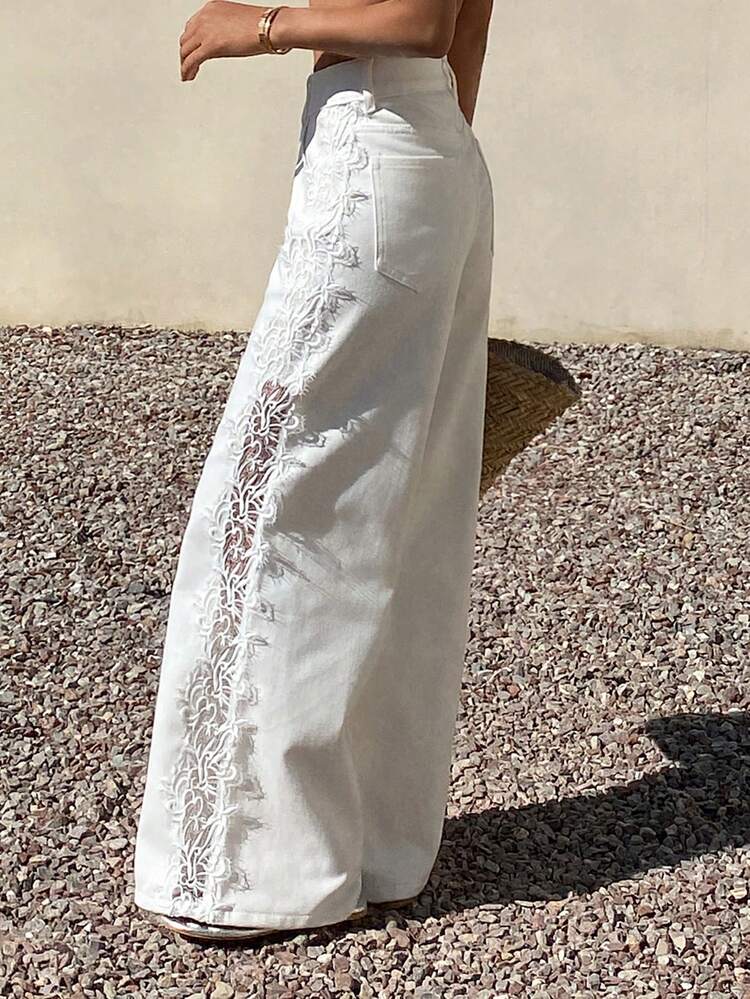 Women's Casual Lace Trim Solid Color Wide Leg Jeans