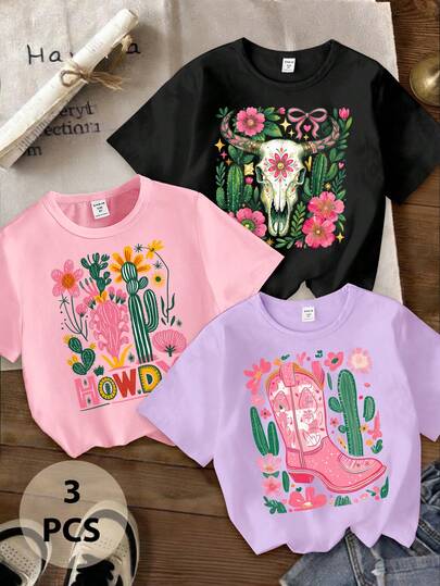 3pcs/Set Girls' Casual Chic Cactus, Skull, Bow, Star, Denim Boot Graphic Tees, Comfortable Basic Short T-Shirts In Black, Pink, Purple, Suitable For Spring, Summer, Autumn