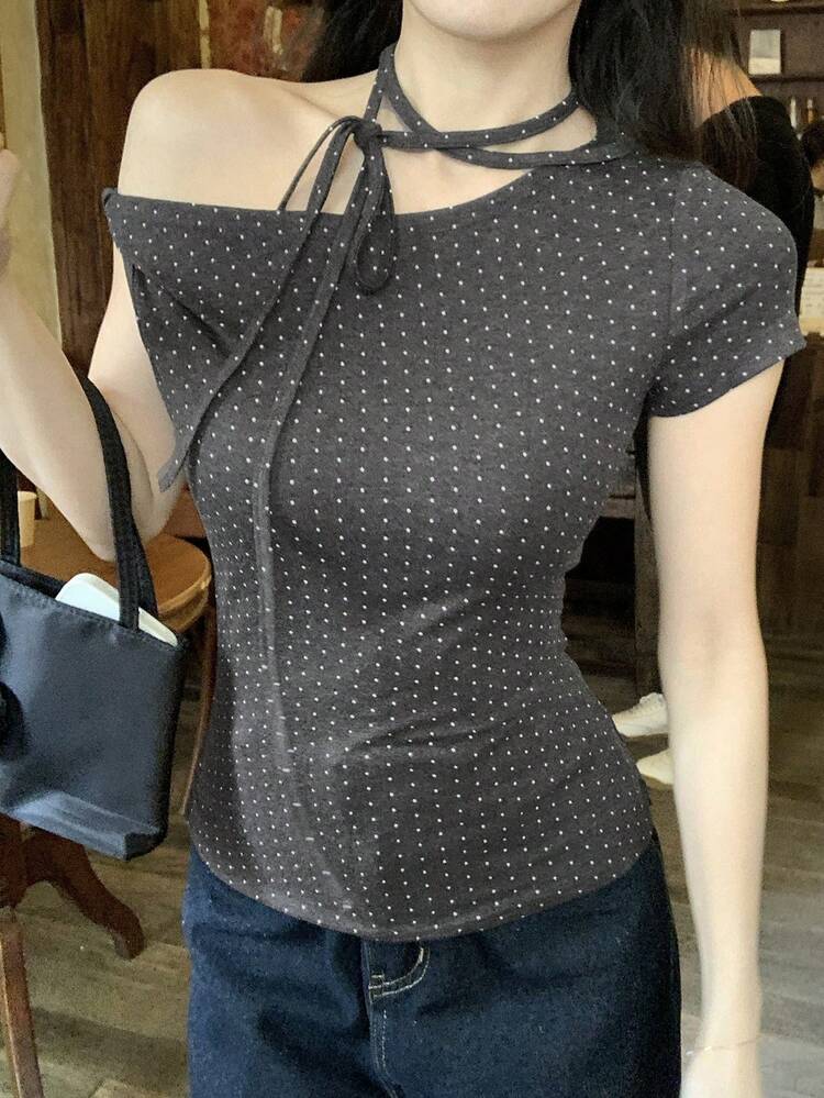Women's Casual Asymmetrical Shoulder Tie-Neck Fitted Polka Dot Sleeveless T-Shirt Summer