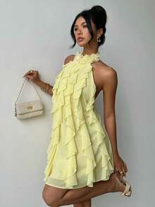 Aloruh 女士优雅浪漫3D立体花卉装饰荷叶边宽松迷你连衣裙 - 淡黃色 - 查看 10