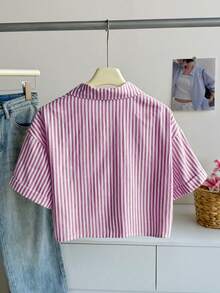 Elamini 条纹短款宽松休闲女式宽松袖衬衫，亚麻质感女式衬衫，纽扣衬衫，条纹衬衫，女式短袖衬衫，夏季女式衬衫，棉质衬衫，条纹棉质衬衫，女式棉质上衣，女式休闲Polo衫 - 彩色 - 查看 2
