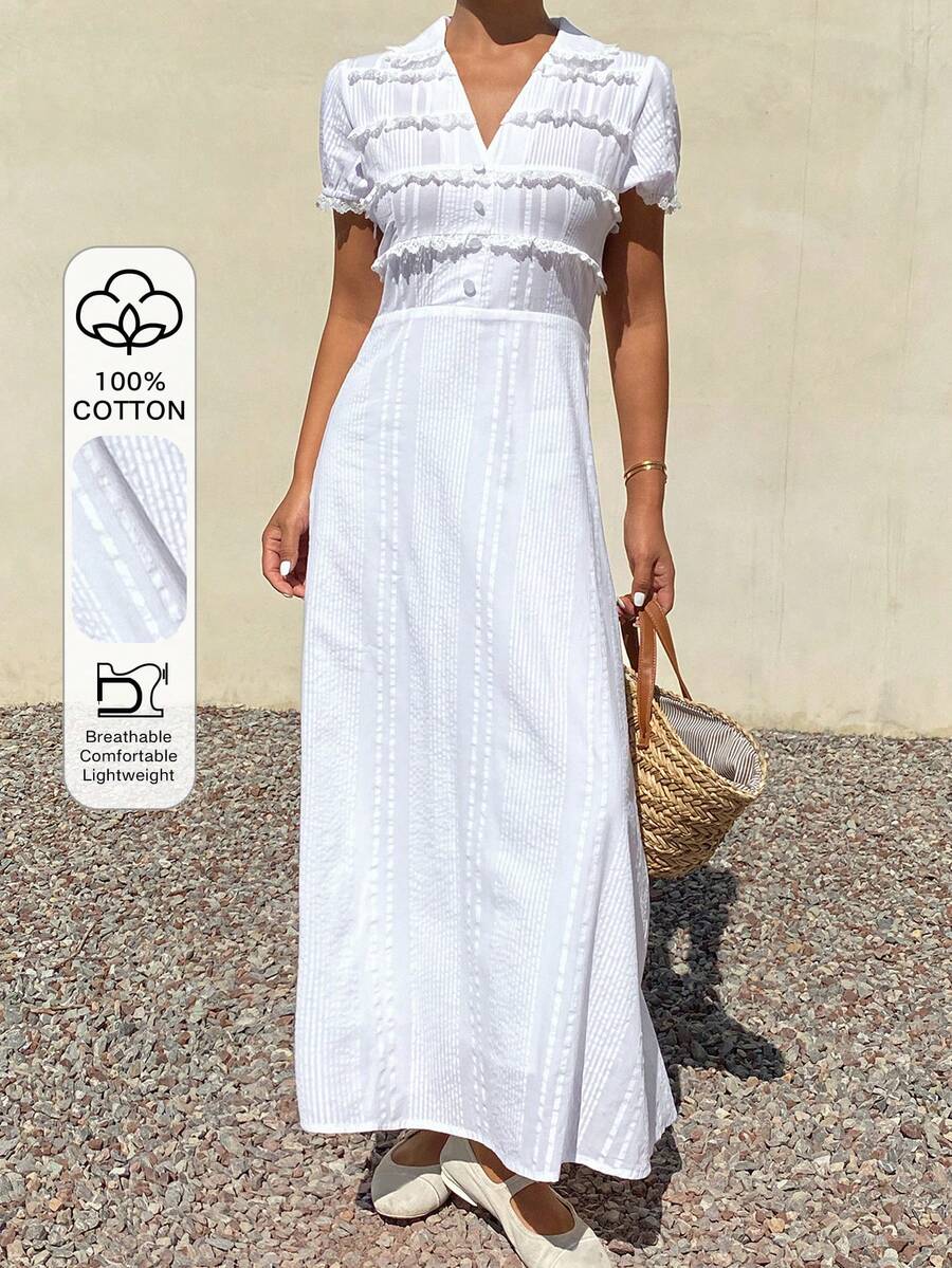Livesso Textured Waist-Cinching Midi Dress For Women, Suitable For Vacation Sundress Summer Boho - Beige - View 1