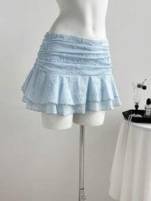 Elamini Women's Sweet Summer Embroidered Tiered Asymmetrical Design Ruffle Hem Skirt, Vacation Style Blue Mini Skirt, Suitable For Valentine's Day, Dates, Beach, Parties, Music Festivals - Blue - View 4