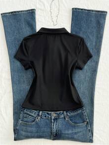 Flirla Damen Polokragen Taille Kordelzug Kontrast Farbe Besticktes Logo T-Shirt, Frühling/Sommer - Schwarz - Übersicht 2