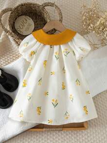 SHEIN 女婴碎花褶皱领连衣裙 - 黃色 - 查看 2