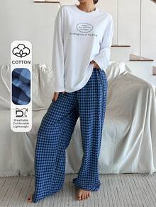 DAZY 2pcs/Set Women Graphic Print Loose Long Sleeve T-Shirt And Straight Long Pants Casual Sleepwear Suit, Spring - White - View 3