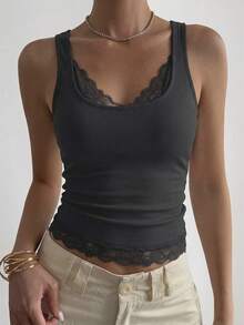 DAZY 春夏深灰色镂空蕾丝拼接吊带背心，适合音乐节、度假、休闲街头、婚礼、派对、情人节等场合。 - 深灰色 - 查看 4