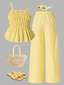 SHEIN 2pcs Soft Camisole & Wide Leg Pants Set For Teen GirlElastic Waist Loose Fit Casual Summer Outfit - Yellow - View 2