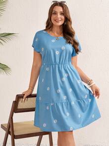 EMERY ROSE 大码女式雏菊印花圆领短袖荷叶边连衣裙 - 彩色 - 查看 1