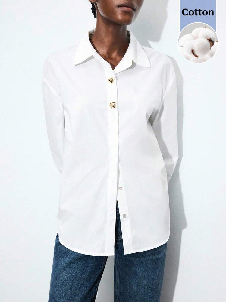SHEIN Maija Modern All White Summer Women's Loose Shirt With Metal Decor Button,Lapel Long Sleeve Cotton Blouse,Business Casual Office Work Attire,Elegant Top