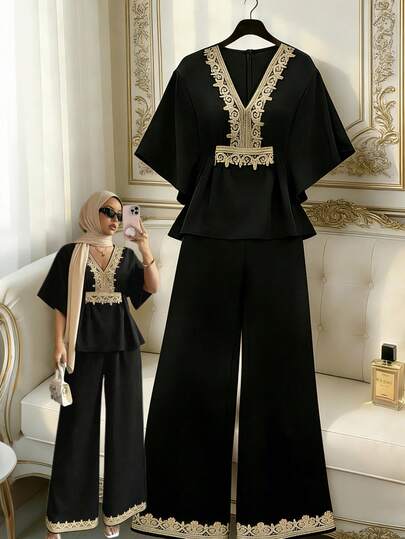 Rafferiza Women's Summer Two-Piece Set, V-Neck Gold Lace Trim Flared Sleeve Two-Piece Set, Straight-Leg Loose Gold Lace Trim Pants Set, Black Two-Piece Set, Summer Vacation Wear, Suitable For Summer, Summer Holiday Outfits, Party Two-Piece Set, Vacation Two-Piece Set, Women's Elegant Two-Piece Set, Women's Casual Set, Outing Outfit, Women's Spring Wear, Fashionable Casual Commuting Wear, Business Office Wear, Versatile Everyday Casual Wear, Urban Teacher Professional Wear, Dignified Two-Piece Abaya Set, Top And Pants Set, Dubai Women's Clothing