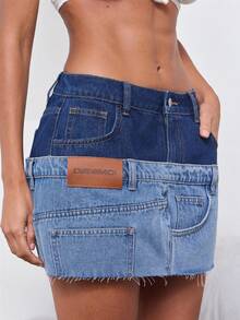 Denimoi Stacked Waist Low Rise Raw Hem Denim Micro Mini Skirt - Multicolor - View 1