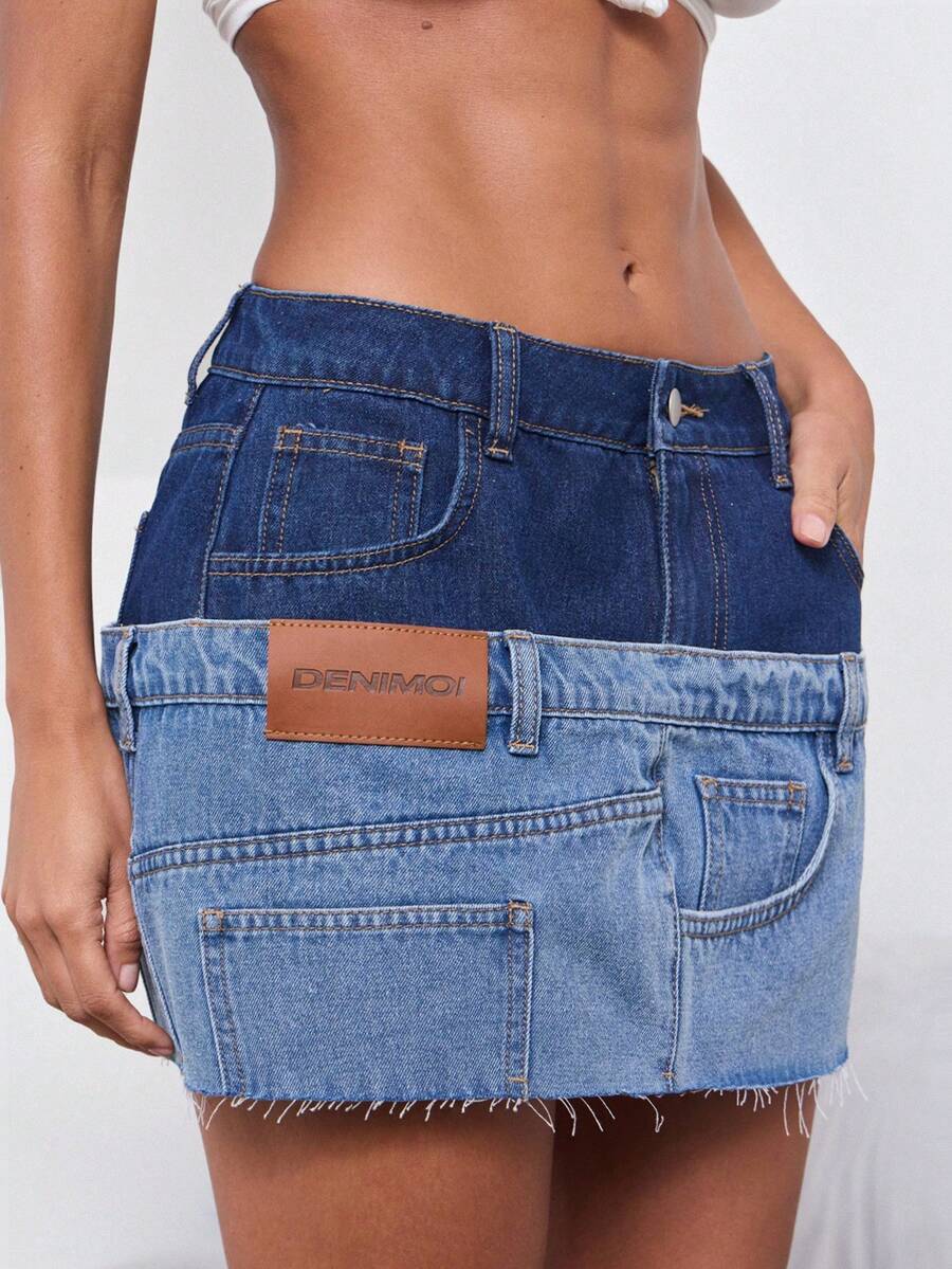 Denimoi Stacked Waist Low Rise Raw Hem Denim Micro Mini Skirt - Multicolor - View 1