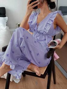 SHEIN 2pcs Summer Ruffled Trim Striped Bow Print Pajama Set - Purple - View 7