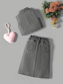 SHEIN Young Girls Denim Set, New Minimalist Versatile Washed Blue Denim Set - Grey - View 2