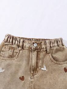 SHEIN ChillGRL 少女水洗杏色复古牛仔裤，心形刺绣设计，直筒阔腿休闲牛仔裤，适合夏季穿着 - 卡其色 - 查看 6