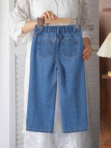 SHEIN Vintaside Kids 女童休闲复古花卉刺绣宽松直筒牛仔裤，夏季新款时尚个性甜美牛仔裤，松紧腰带和纽扣设计，舒适贴合，适合度假、音乐节、上学和派对穿着。 - 深色水洗藍 - 查看 2