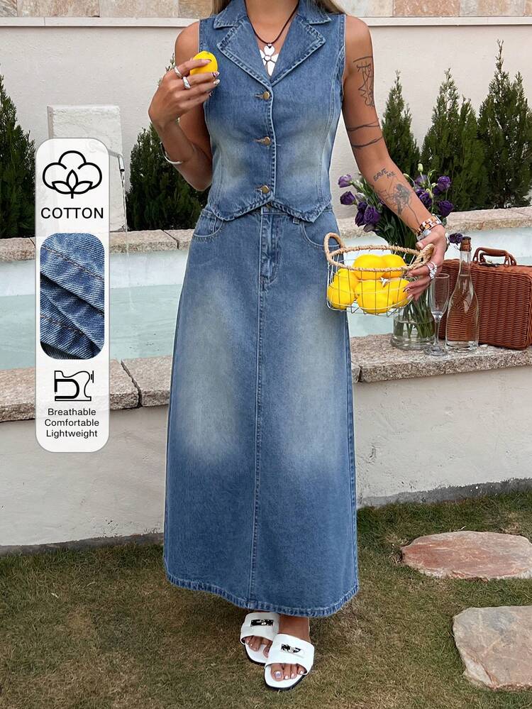 Women's Denim Vest Top And Loose Long Denim Skirt Vacation Style 2-Piece Set