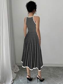 Franclia New Vintage Striped Patchwork Contrast Color Round Neck Sleeveless Knitted Dress For Women - Black - View 2