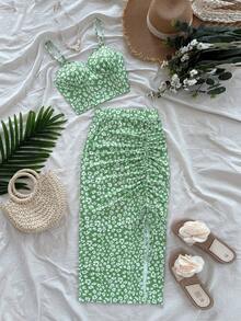 Soleia 女式夏季碎花吊带背心和荷叶边中长裙休闲套装 - 綠色 - 查看 1
