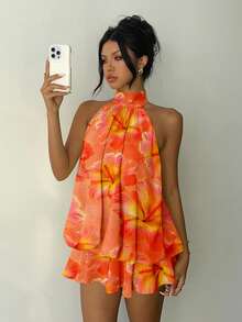 Aloruh Đầm ngắn không tay in hoa cổ đứng dành cho nữ, thích hợp cho mùa hè. - Nhiều màu - Xem 3