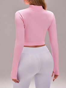 Sovereign Charm Women's Solid Color Long Sleeve Zip-Up Fitted Sports Jacket - Pink - View 2