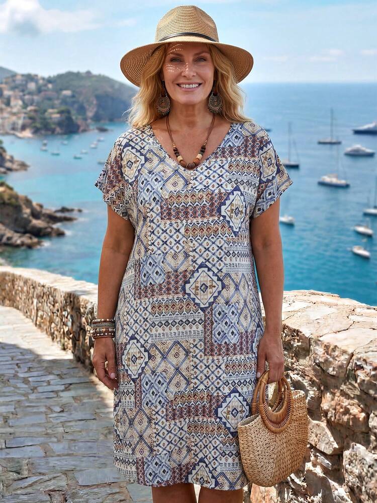 Plus Size Women's Summer Casual Vacation Country  Geometric Print  Ditsy Floral Print Casual Vacation Dress,Summer Vacation,Casual Holiday Style,Summer Outfits For Women ,Vacation Outfits Women ,Holiday Outfits For Women,Going Out Outfits,New Clothes,Simple And Fashionable For Everyday Wear,Suitable For Summer, Vacation, Daily Wear, Festival Outfits For Women,Country Concert Outfit,Beach Outfits For Women,Western Style,Flowy Dress,Gifts For Mother,Boho Dress