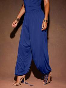 Hauture Bộ jumpsuit nữ gợi cảm mùa hè, không tay, chất liệu jersey, có chi tiết nhún bèo bên hông và dây rút ở gấu. - Màu xanh hải quân - Xem 5