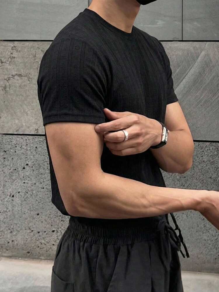 Men's Solid Color Textured Fabric Casual Short Sleeve T-Shirt, Summer