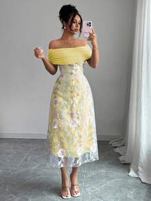 Modelyn 女式网眼拼布涤纶针织刺绣露肩荷叶边简约性感夏装 - 黃色 - 查看 7