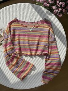 SHEIN EZwear 大码女式条纹喇叭袖短款休闲T恤 - 彩色 - 查看 3