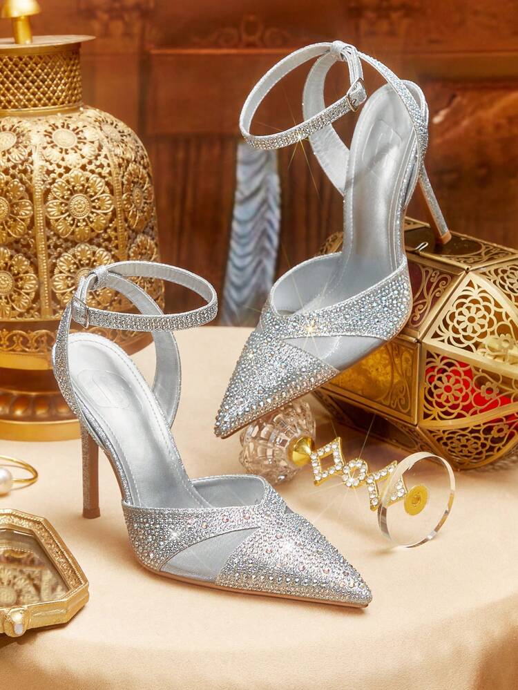 CUCCOO TILAWA Women Fashion Pointed Toe Full Rhinestone Sexy Backless Silver High Heel Party Sandals, Strap Ankle Strap Ladies Pumps For Christmas