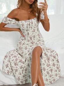 Breezaya Vestido maxi de impresión floral con cuello cuadrado y abertura alta para vacaciones y playa para mujeres - Albaricoque - Ver 5