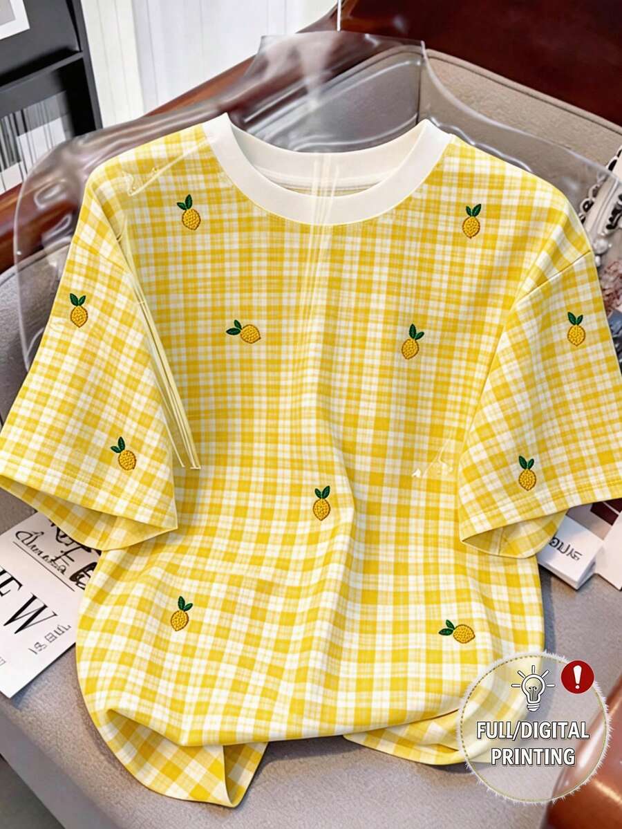 Resyla 菠萝图案黄色格子数码印花时尚简约女式常规圆领T恤，送朋友的礼物 - 彩色 - 查看 1