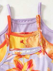 3pcs/Set Toddler Girls' Summer New 2025 Floral Print & Solid Color Romper Shorts, Minimalist Fashionable Vacation Style - Purple - View 5