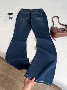 Elamini Women's Casual Everyday Flared Jeans With Pockets, Button, Bow Embroidery Design - Blue - View 2