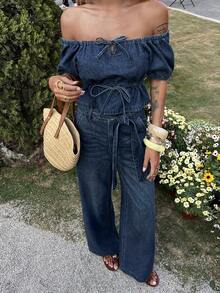 DAZY Women's Summer Off Shoulder Short Sleeve Tie-Up Denim Top And Loose Wide-Leg Pants Casual Vacation Denim Set - Dark Wash - View 4