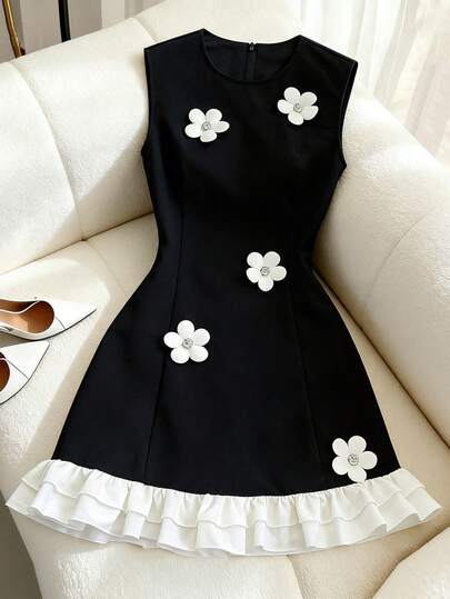 Franclia Versatile Urban Business Office Commute Cute Sweet Valentine's Day Little Dress Date Party Beach Everyday Casual Elegant Classic Round Neck Sleeveless Mini Dress With Rhinestone Floral Decor Contrast Color Blocking Ruched Hem For Women Floral Applique Dress Black White Dress 3d Flower Dress Cute Black Dress Daisy Dress Dress Spring Daisy Dress Women