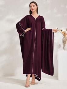 Al Najma Elegant Contrast Trim Turkish Maxi Dress - Purple - View 4