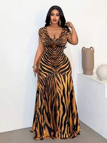 SHEIN CURVE+ Women's Elegant V-Neck Leopard Print Fishtail Hem Design Dress, Suitable For Party, Gathering And Daily Wear - Multicolor - View 2