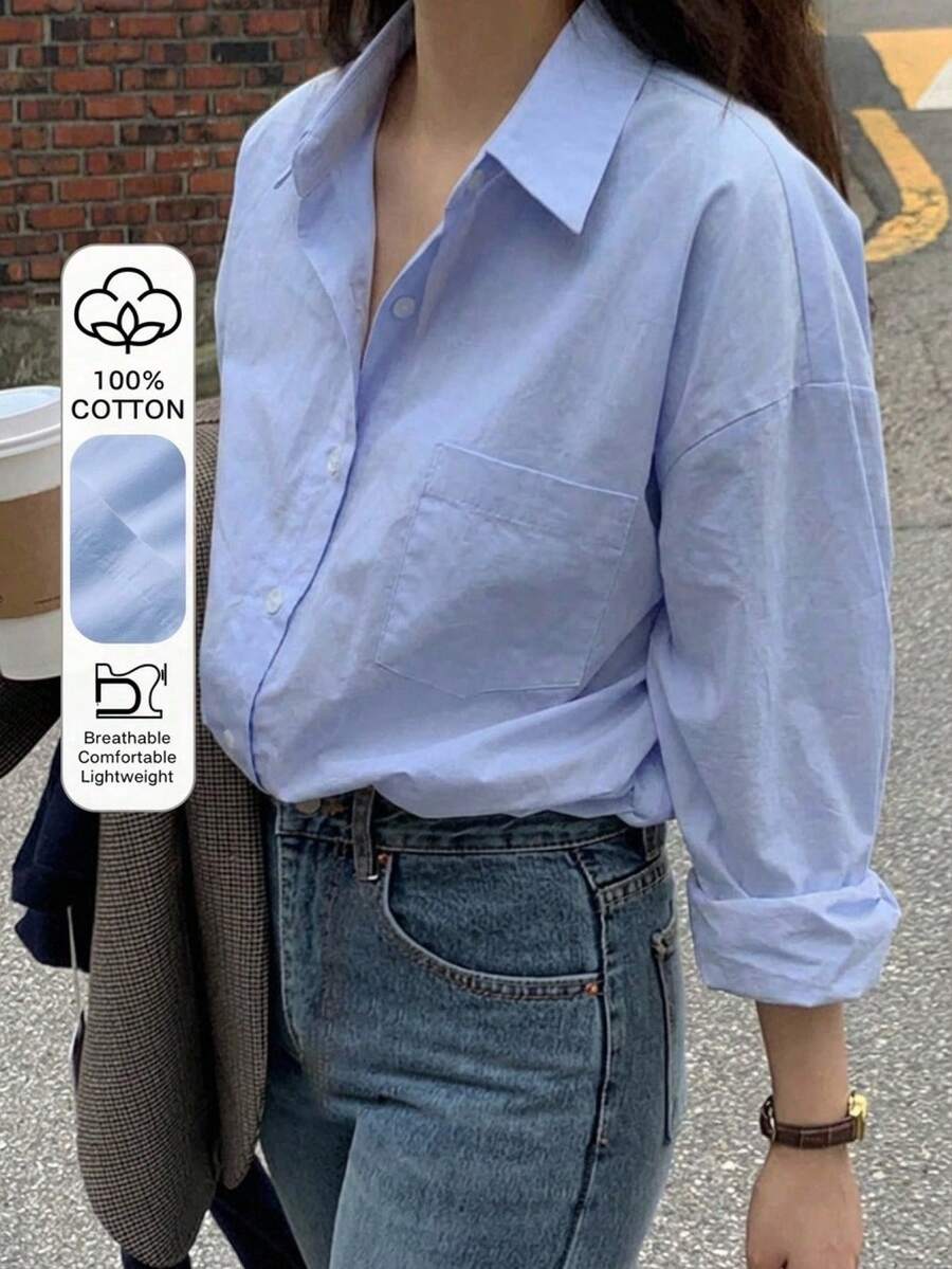 DAZY 女式纯色落肩前扣休闲宽松百搭透气长袖衬衫上衣 - 藍色 - 查看 1
