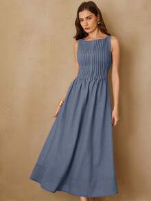 Aveloria Rosie Đầm dài ngang bắp chân phong cách lãng mạn cổ điển mới, sang trọng, cao cấp, ôm eo, kiểu dáng retro tối giản, thanh lịch, trễ vai, không tay, xếp ly, chất liệu giả lanh, đa năng, phong cách thường ngày, đi nghỉ mát, màu trơn dành cho nữ. - Màu xanh lam - Xem 5