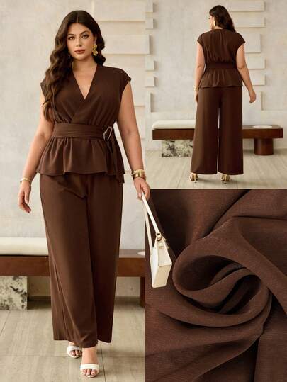 Roveilla Plus Size Women's Solid Shirred Belted Shirt With Metal Buckle Accent + Elastic Waist Wide Leg Pants Set, Elegant French Vintage Romantic Minimalist Style Suitable For Office, Commute, Business, Casual, Beach, Daily Wear, Spring/Summer