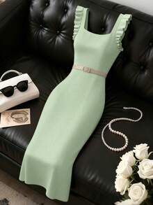 SHEIN Elegant Light Green Women's Autumn Square Neck Backless Knit Mid-Length Dress,Sleeveless Ruffle Hem Bodycon Sweater Dress For Brunch Party Cocktail - Mint Green - View 6