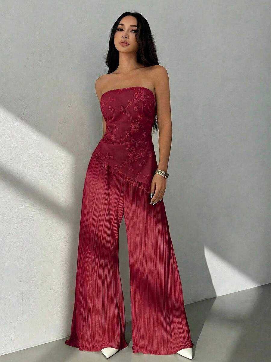 SHEIN PETITE 女士极简印花抹胸上衣和裤子两件套